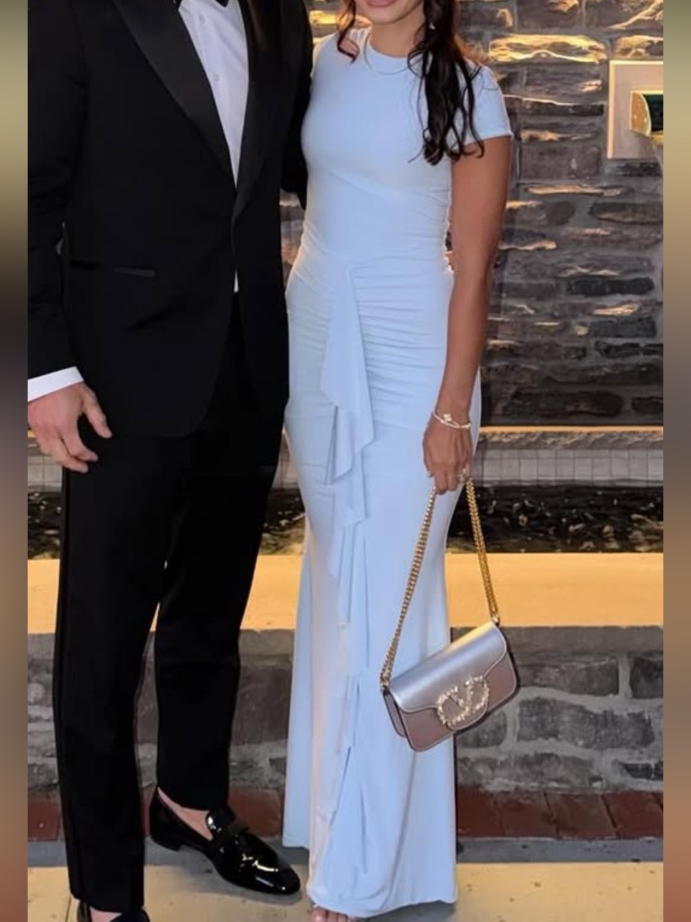 Club L London Light Blue Ruched Maxi Dress with Cascade Ruffle